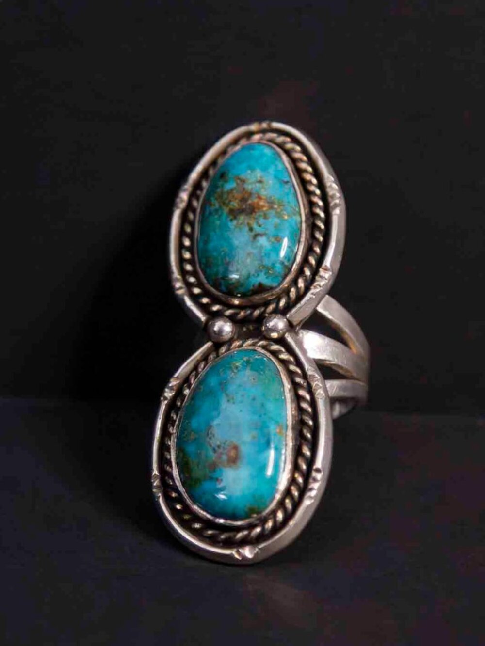 VINTAGE 1960's NATIVE AMERICAN TWO STONE TURQUOISE STERLING SILVER RING